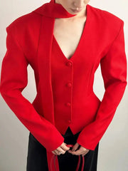 Padded Shoulder V-Neck Blazer With Scarf