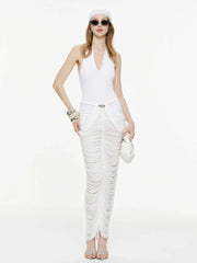 White ruched halter neck maxi dress