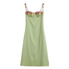 Floral Embroidered Satin Slip Dress with Spaghetti Straps