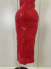Pearl Beaded Sequins Spaghetti Strap Bodycon Long Dress