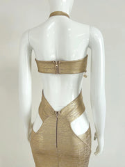 Gold Beaded Fringe Halter Cutout Bandage Maxi Dress