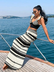 Knitted Black And White Stripe Crop Top And Maxi Skirt Two Piece Set Golden Atelier 1