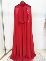 Red Cape Neck High Neck Flowy Chiffon Gown