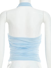 Blue Ruched Halter Neck Sleeveless Top
