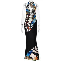 Butterfly Print Halter Maxi Dress