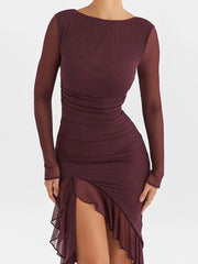 Ruffle Ruched Sheer Long Sleeve Backless Irregular Midi Dress