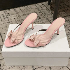 Bow Accent Heeled Slide Sandals