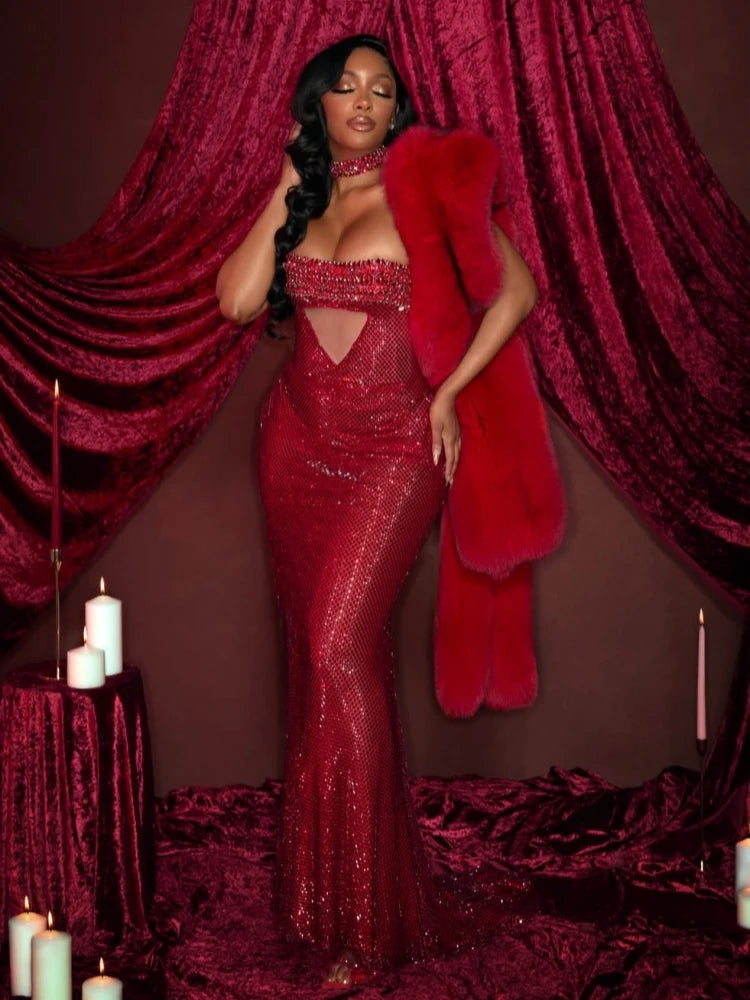 Full view of a strapless diamond embellished gown dress