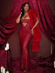 Full view of a strapless diamond embellished gown dress