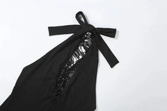 Black Halter Beaded Neck Trim Asymmetric Dress