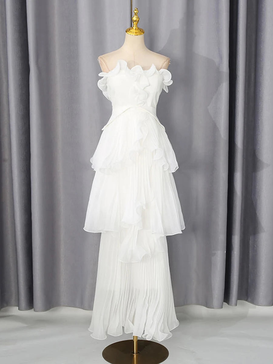 Strapless ruffled tiered maxi dress on mannequin