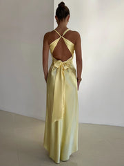 Satin V-neck Back Strappy Bow Maxi Dress Golden Atelier