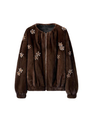 Beaded Brown Faux Fur Bomber Jacket