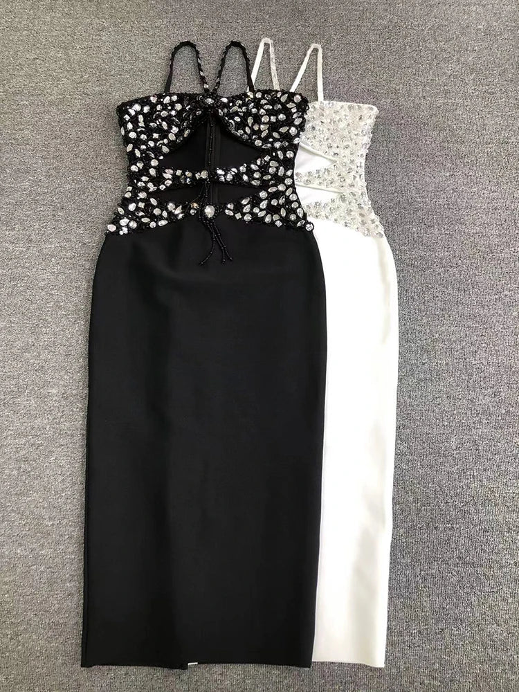 Black and white strapless dresses with sequin embellishments on a gray background