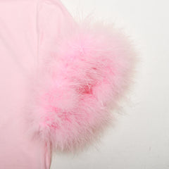 Mock Neck Feather Trim Sleeve Top