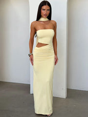 Strapless Draped Cutout Maxi Dress with Halter Neckline