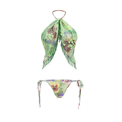 Beaded Print Bikini and Skirt Set