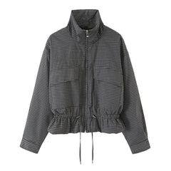 Plaid Drawstring Waist Cropped Jacket