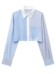 Blue Stripe Shirt Loose Crop Top Oversized Shirts