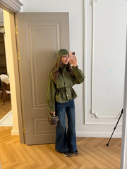 Utility Stand Collar Button Drawstring Peplum Jacket