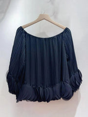 Pleated Off Shoulder Petal Hem Long Sleeve Top