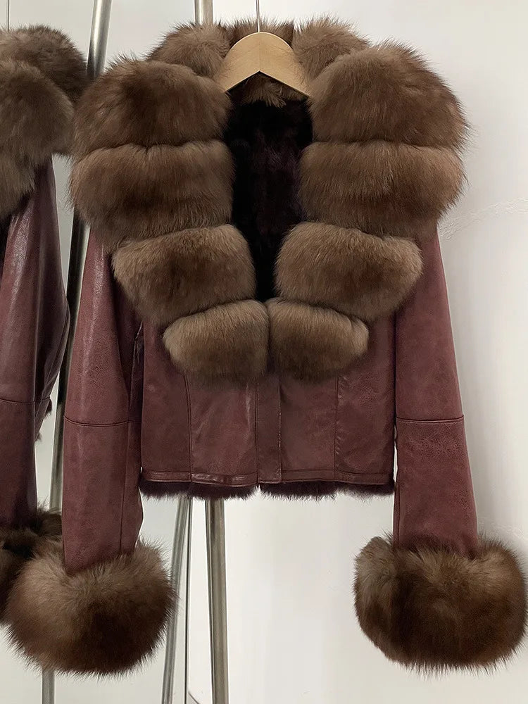 cropped faux fur jacket in brown synthetic fiber
