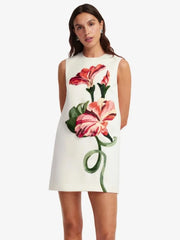 White Embroidered Floral Mini Dress - Detail
