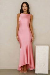 Satin Backless Asymmetrical Hem Maxi Dress