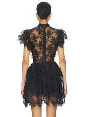 Back view of black lace mini dress with high neckline and zipper closure