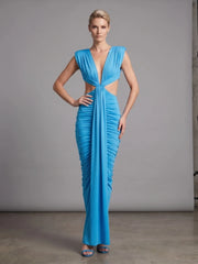 Draped Deep Neck Cut Out Folds Long Dress