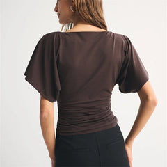 Boat Neck Dolman Sleeve Ruched Waist Cropped Top