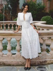 White embroidered puff sleeve midi dress front view