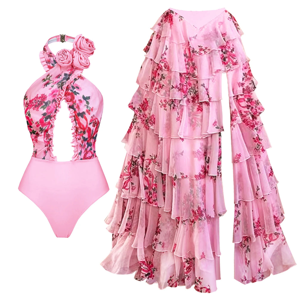 Pink floral print halter neck swimsuit with ruffled skirt