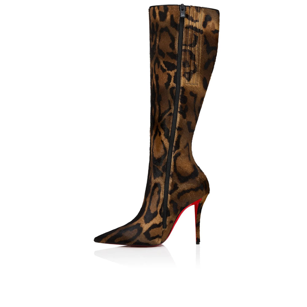 Leopard print knee-high boot with red sole