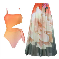 Tie-Strap V-Neck One-Piece Swimsuit with Matching Sarong Set