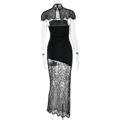 Black Lace Cape Sheer Panel Dress