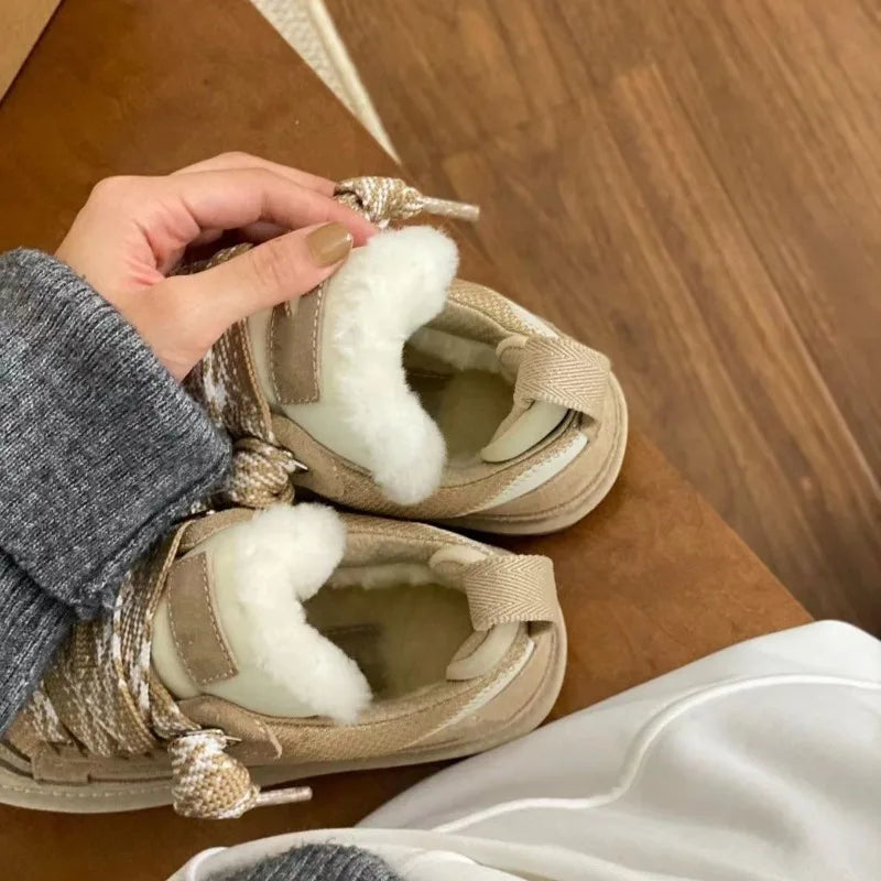 Close-up of fleece lining in brown winter boots
