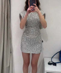 Women Solid Silvery Sequins Short Dress