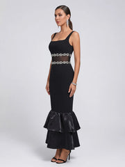 Black Square Neck Pearl Embellished Midi Dress
