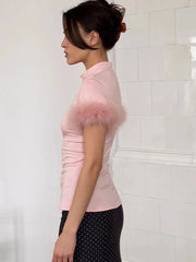 Mock Neck Feather Trim Sleeve Top