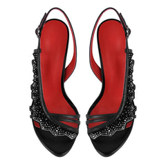 Pair of black rhinestone embellished stiletto platform sandals top view