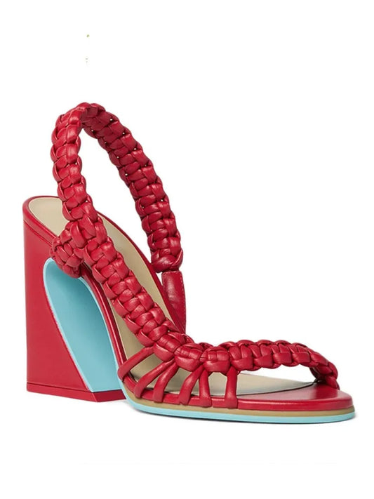 Red braided strap square heel sandal