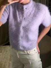 Mock Neck Puff Sleeve Fuzzy Top