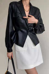 Suit Collar One Button Pocket Thin PU Leather Short Coat . Golden Atelier 3