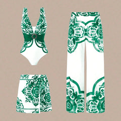 One-Shoulder Swimsuit with Oversized Flower Detail and Matching Printed Sarong Set
