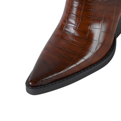 Close-up of brown pointed toe high heel western boot toe