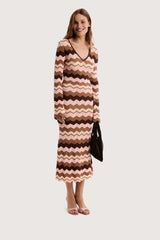 Brown chevron knit maxi dress with V-neck and flared long sleeves