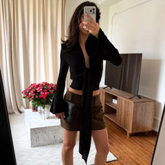 Long V-Neck Bell Sleeve Wrap Top