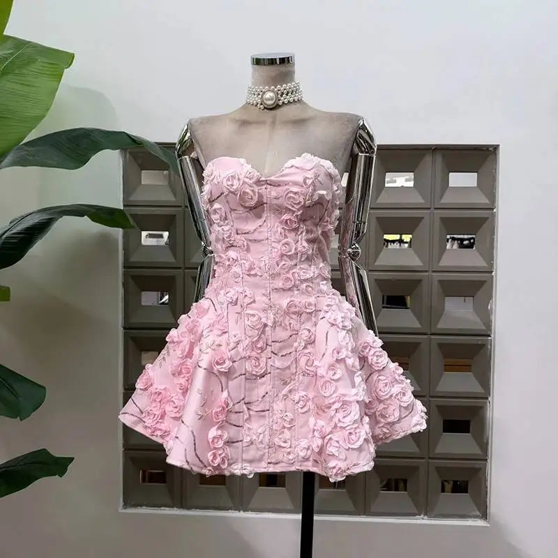 Pink 3D floral strapless mini dress