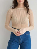Thin Knit Sweater Women Solid Color Basic Long Sleeve Pullover